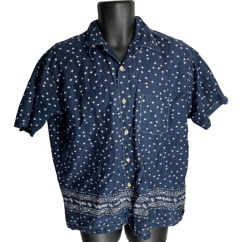 Flipbox Button Up Shirt Men M Blue All Over Print Short Sleeve 100% Cotton SNAG